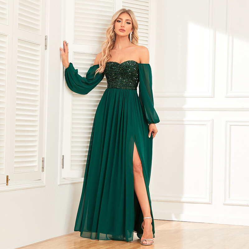 Elegant and versatile one shoulder high slit lace up dress with full lining sequin patchwork chiffon long sleeved formal dress