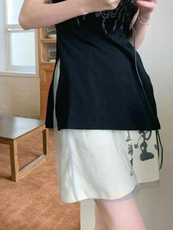 Spódnice damskie charakter codzienne Retro studenci Harajuku moda chiński styl siatki powyżej kolana Casual proste wszystkie mecze Faldas Y2k