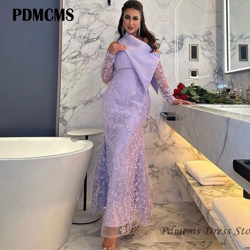 Pdmcms Lavendel Meerjungfrau Abendkleider Stickerei Perlen Pailletten formelle Kleider für Frauen Applique knöchel lange Party Ballkleid