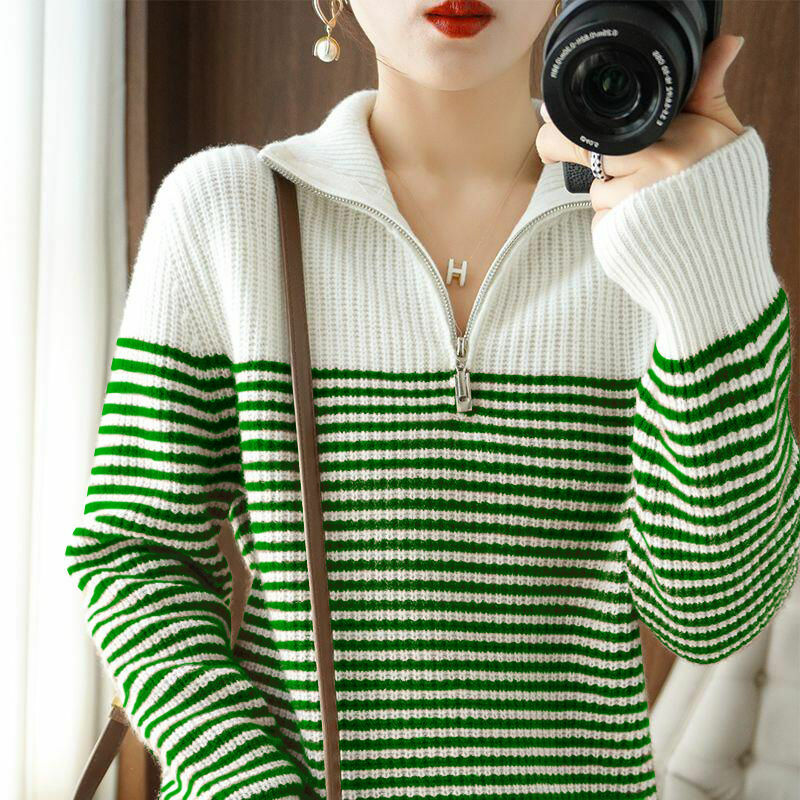 Korean Fashion New Style Striped Thick Turtleneck Turn-down Collar Half Zipper Long Sleeve Knitting Sweaters Straight Pullovers