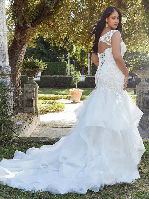 2023 Luxury V-neck Mermaid Wedding Dresses For Women Cap Sleeves Lace Up Bridal Gowns Boho Applique Ruffles Vestido De Noiva