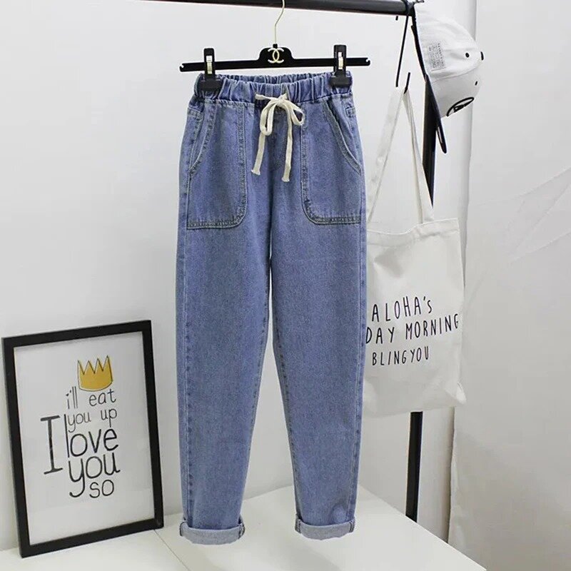 Women New Vintage Casual Baggy Denim Pants High Waist Ankle-length Harem Jeans Lace Up Korean Pantalones Straight Vaqueros