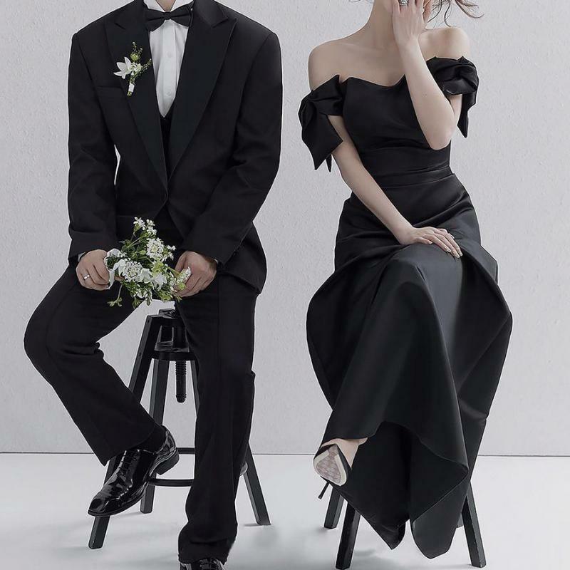 Vestido de novia coreano con lazo, prenda larga de satén suave con hombros descubiertos, color negro, novedad de 2024