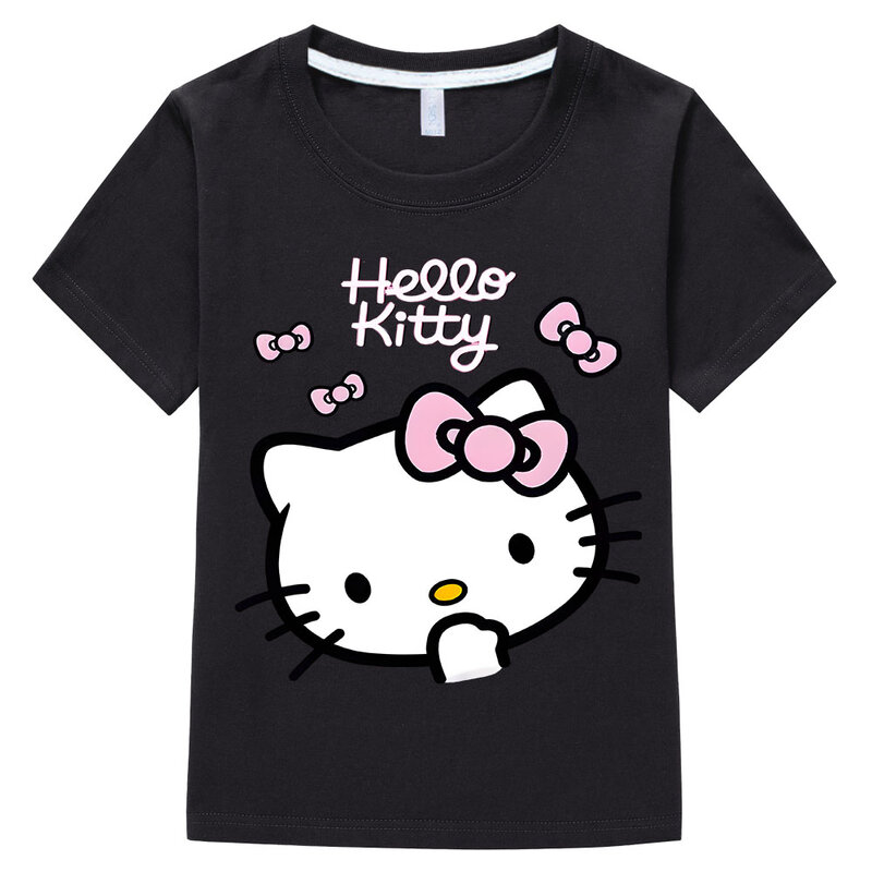 헬로 키티 아동복 만화 프린트 100% 코튼 티셔츠, 소년 소녀, 귀여운 상의, 애니메이션 티, Y2k 원피스 반팔, 여름