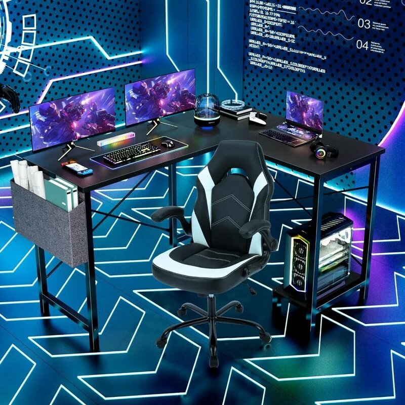Meja Komputer berbentuk L-meja Gaming sudut meja 50 inci PC menulis meja hitam meja belajar dengan Desktop kayu