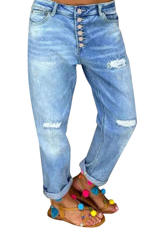Pantalones vaqueros holgados de color azul con agujeros para mujer, pantalón informal recto, novedad de 2024