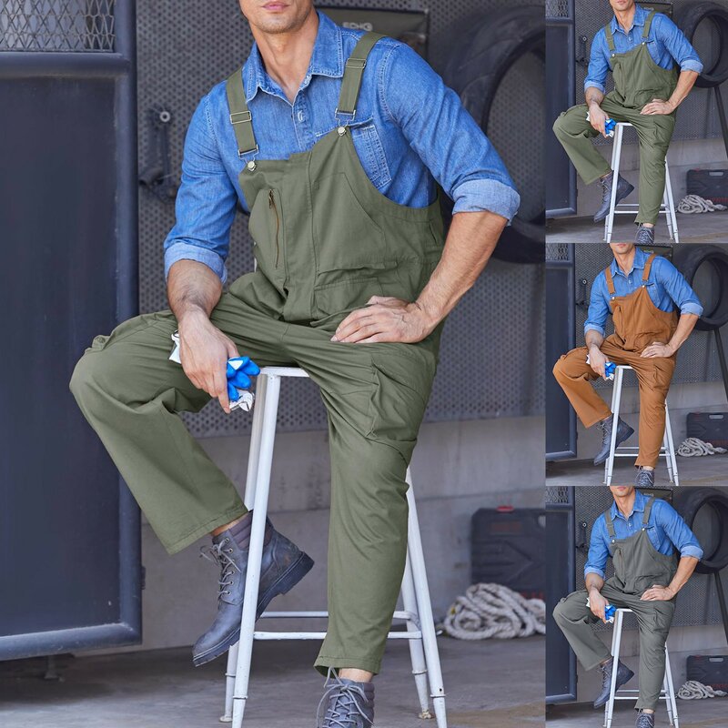 Macacão de babete solto masculino, calças de trabalho de cor sólida, bolsos múltiplos funcionais, calças macacão, roupas novas, 2022