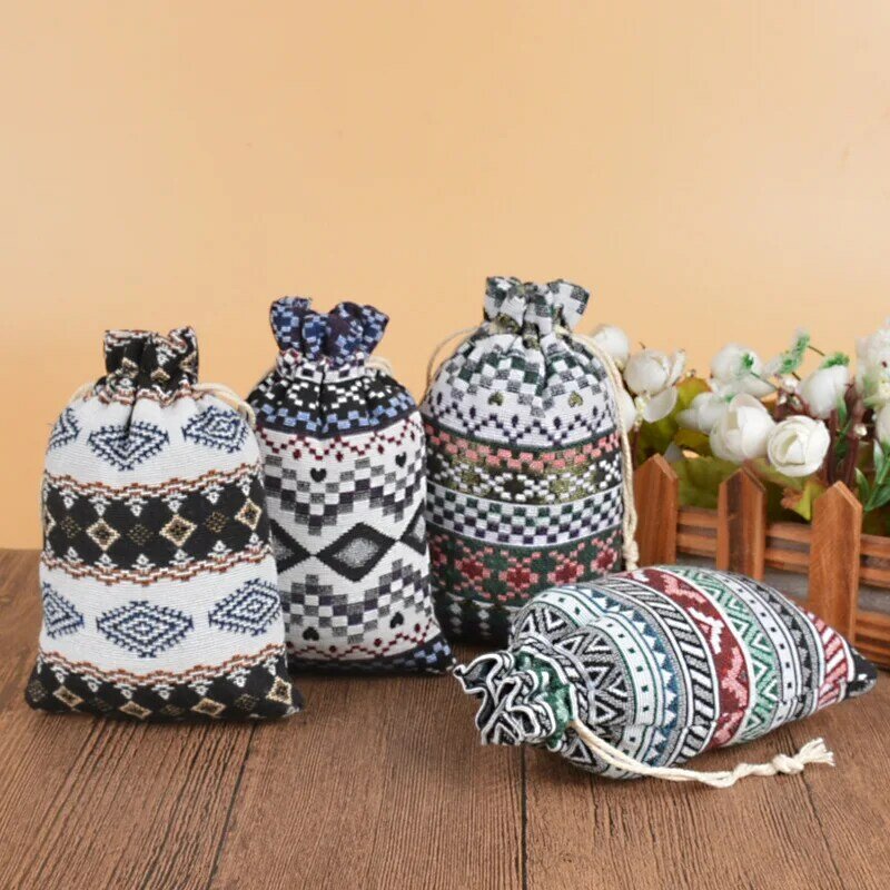 50pcs/Lot 10*14cm Bohemian Style Cotton Linen Bags Drawstring Candy Coin Key Storage Pouches Travel Cosmetic Jewelry Organizer