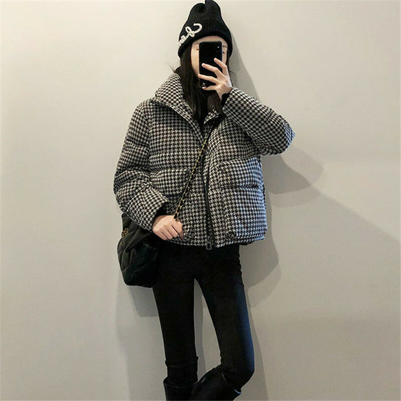 Winter Coat Women's New Houndstooth Parker Jacket Stand Collar Pocket Zipper Thickened Cropped Top Fashion Female Clothing ZM261