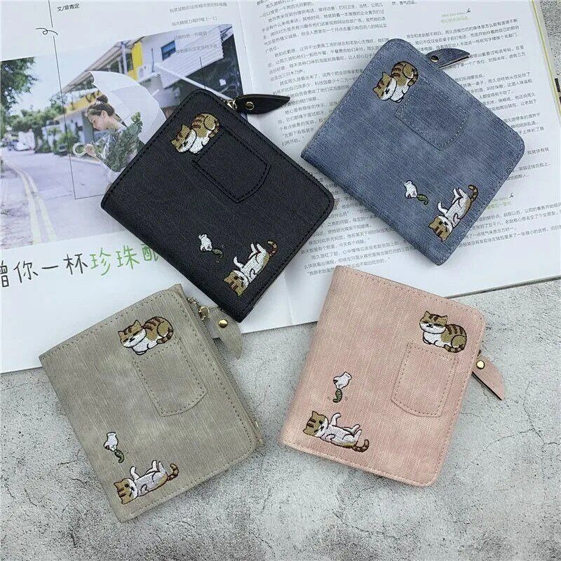 Xiuya dompet bordir kucing wanita, tas dompet kartu pendek kulit bordir kasual gaya Korea untuk wanita