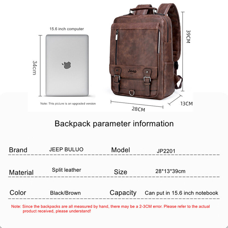 JEEP BULUO Fashion Leather Men Backpack Business Male 15.6" Laptop Bag Daypacks Large Capacity Travel College School Bag