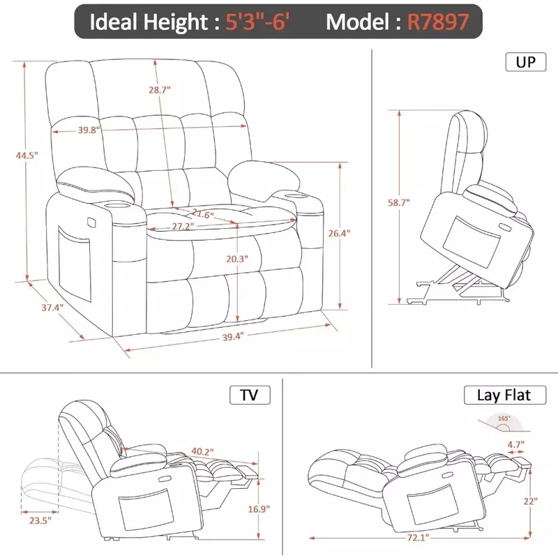 Sofa kursi malas angkat daya Motor ganda, dengan pijat dan panas untuk orang tua besar kain (abu-abu gelap posisi tak terbatas Sofa