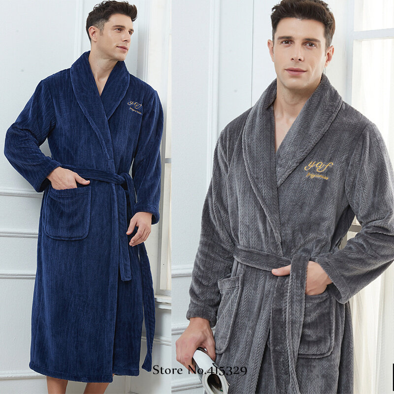 Bata larga tipo Kimono para hombre, ropa de dormir gruesa de lana de Coral, suelta, de talla grande 3XL, 4XL, para invierno