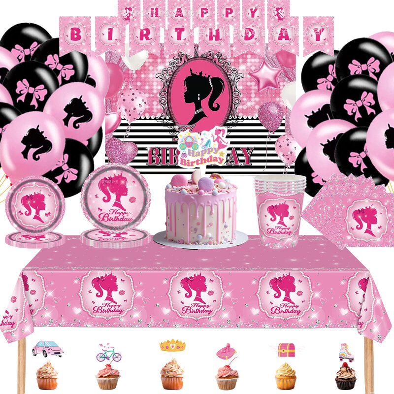 BarbIEe perlengkapan dekorasi fotografi, perlengkapan dekorasi peralatan makan, Spanduk pesta ulang tahun, latar belakang glamor, latar belakang fotografi gadis merah muda