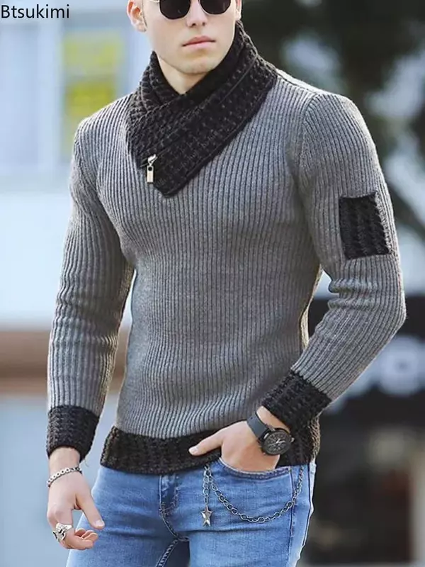 Nowy jesienno-zimowy męski sweter w stylu Vintage z dzianiny wełniany golf Oversize 2024 koreańskich swetrów z ciepłej bawełny