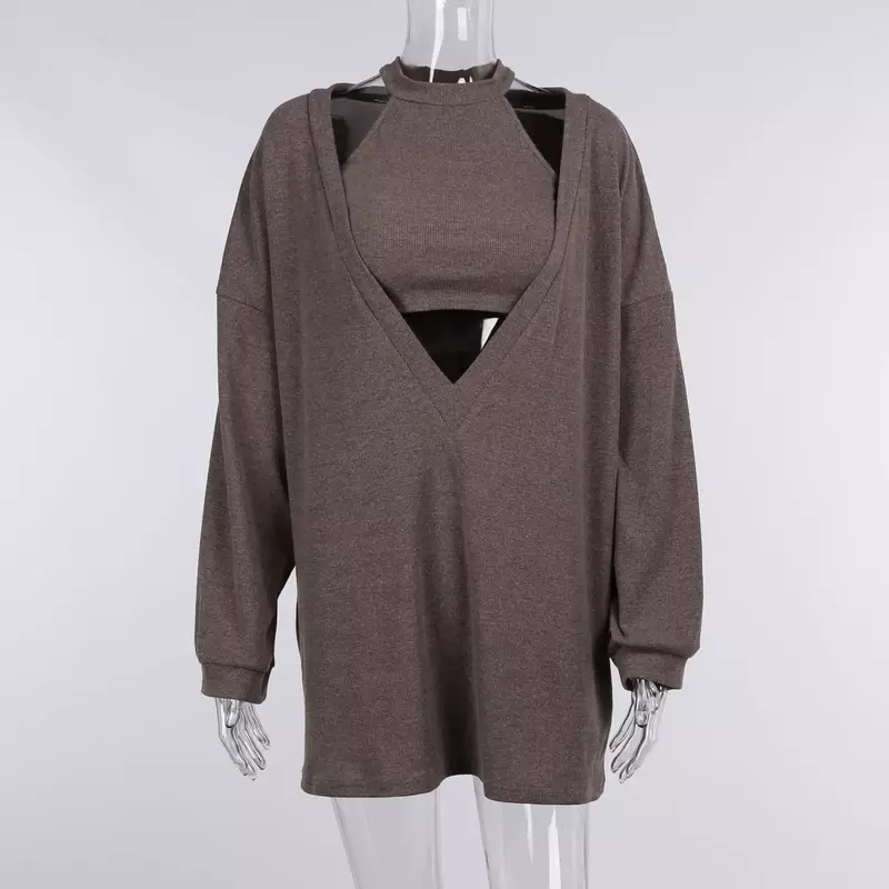 Модный женский свободный длинный пуловер с V-образным вырезом, Свитшот и вязаный укороченный топ, комплект из двух предметов, Повседневная Толстовка на осень и зиму 2023