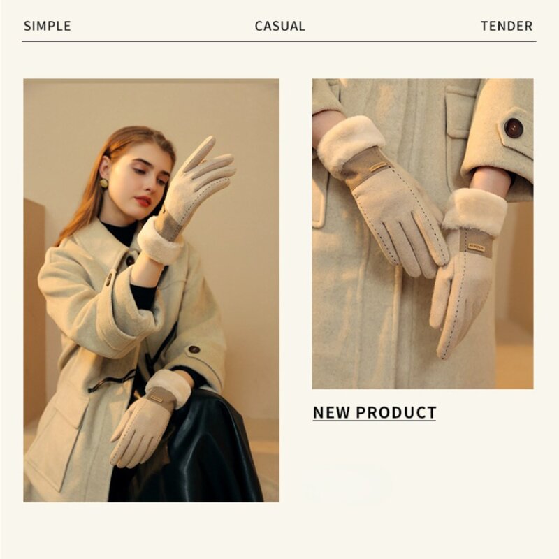 2023 Fleece-Lined Gloves New Small Fragrant Wind Winter Warm Finger Gloves Outdoor Cold Resistant Cashmere Women's Glove