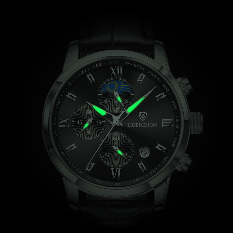 LIGE-Relógio Quartzo de Couro Impermeável Masculino, Relógios de Moda Empresarial, Top Brand, Luxo Cronógrafo, Auto Date Clock