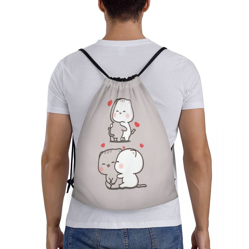 Mochi Peach e Goma Cat Drawstring Backpack para homens e mulheres, Gym Sport Sackpack, Foldable Training Bag, bonito