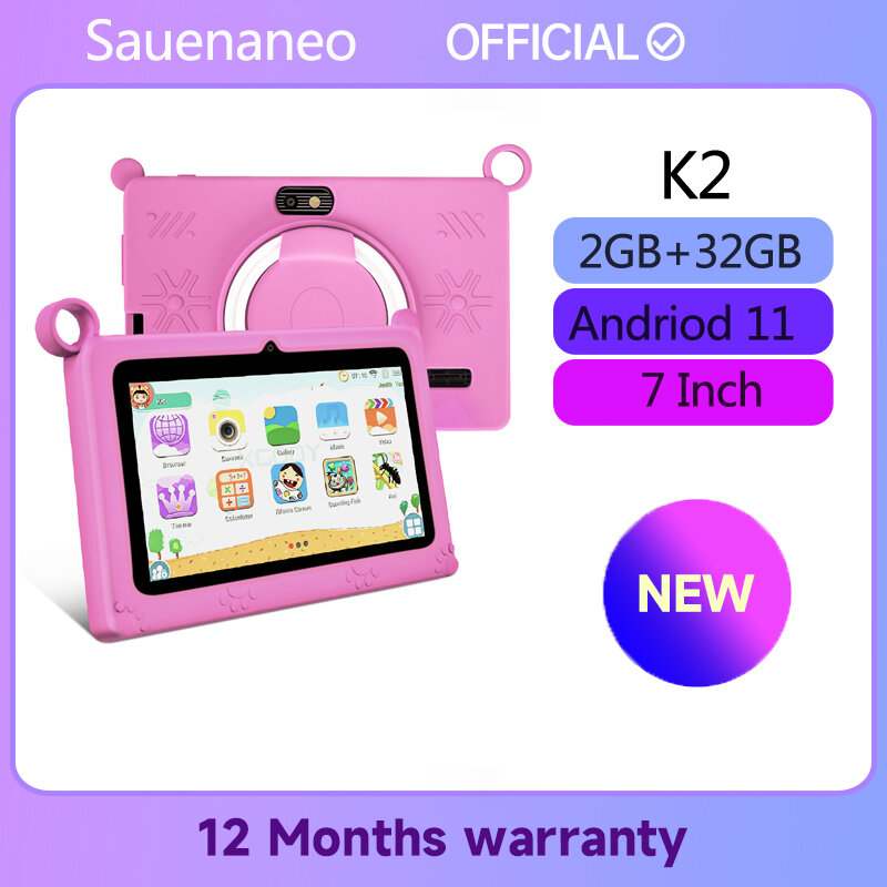 Sauenane 어린이 태블릿, 거치대 함께 공부하기 위한 어린이 태블릿, 안드로이드 11, 1280*800 HD, Ouad 코어, 듀얼 와이파이, 2GB, 32GB, K2, 7 인치