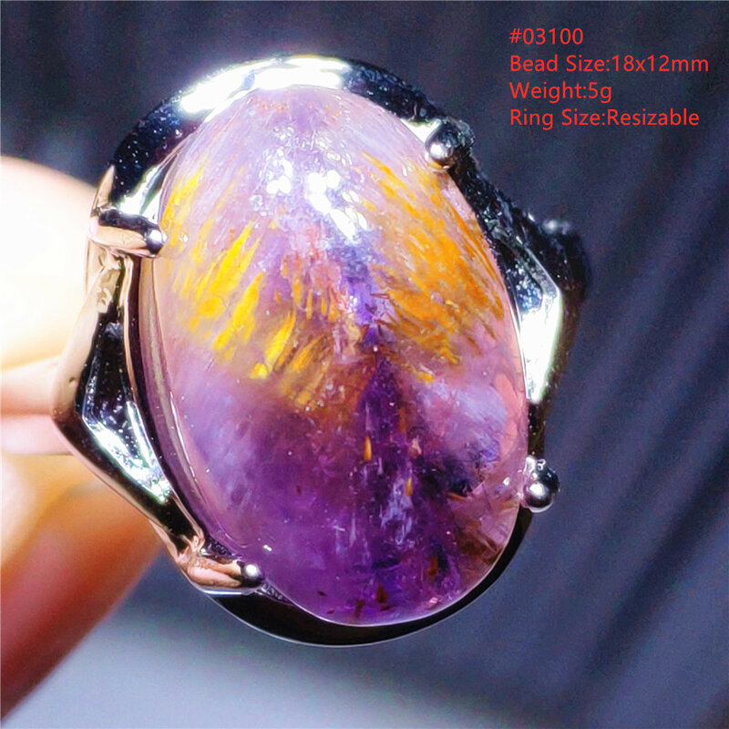 Naturalny Cacoxenite fioletowy złoty Rutilated regulowany pierścień czerwony Auralite 23 pierścień 925 srebro owalne rzadkie uzdrowienie AAAAA