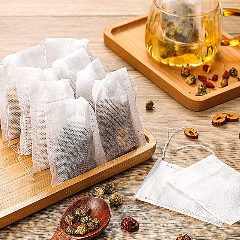 Одноразовые чайные пакеты 100/50 шт., пустые Нетканые фильтры для заварки специй и чая со шнурком, фотобумажные чайные пакеты, кухонный инструмент