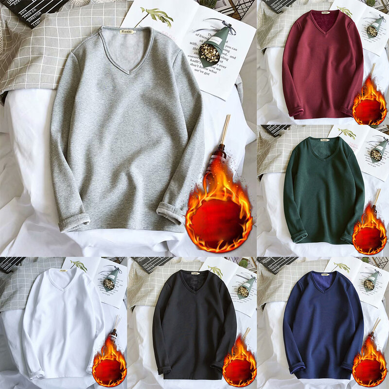 Tops de roupa interior térmica masculina, camiseta forrada em lã, tops sólidos quentes, manga longa, camiseta grossa, pulôver térmico respirável, inverno