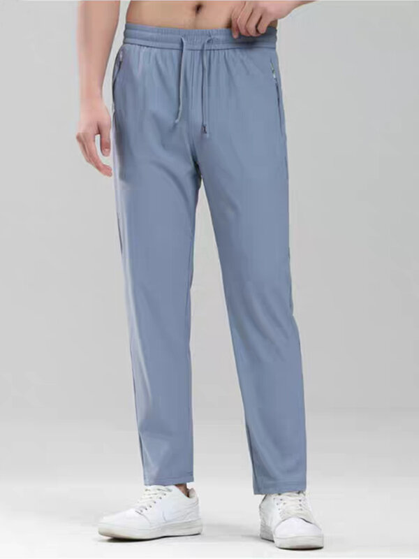 Summer Zip Pockets Sweatpants Men Sportswear Quick Dry Nylon Ice Silk Casual Track Pants Male Loose Sport Trousers