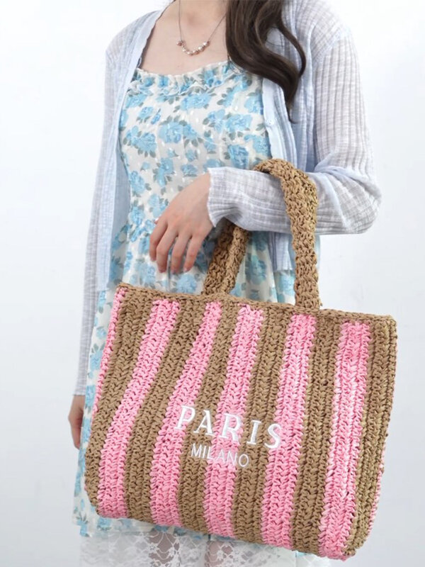MABULA-sacola de palha listrada feminina, bolsa de praia feminina, casual com alça superior, bolsa de ombro, bolsa de palha artesanal, design de luxo, moda verão