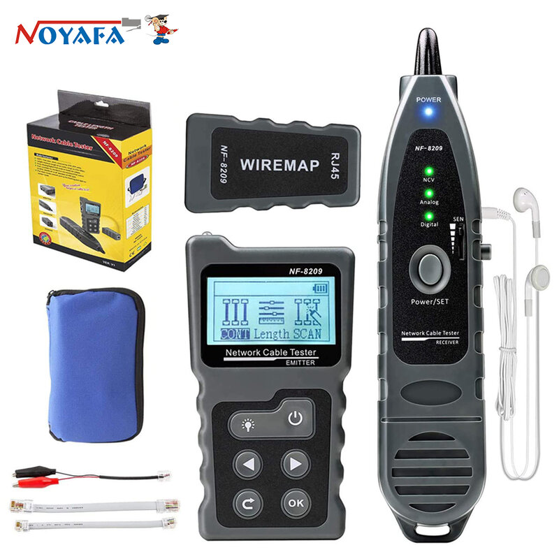 Noyafa-Cable Tracker Lan Display Medida Tester, Ferramentas de Rede, Display LCD, medir o comprimento, Wiremap Tester com lanterna, NF-8209
