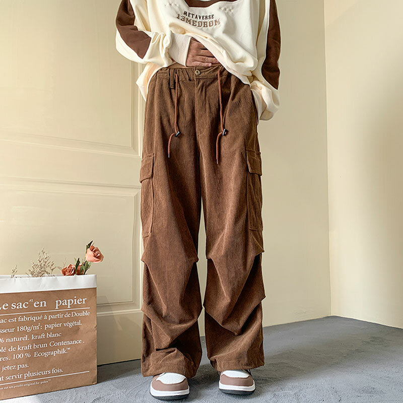 Męskie brązowe Y2K luźne japońskie spodnie oversize sztruksowe luźna szeroka nogawki spodnie Cargo Casual męskie spodnie dresowe Streetwear koreański