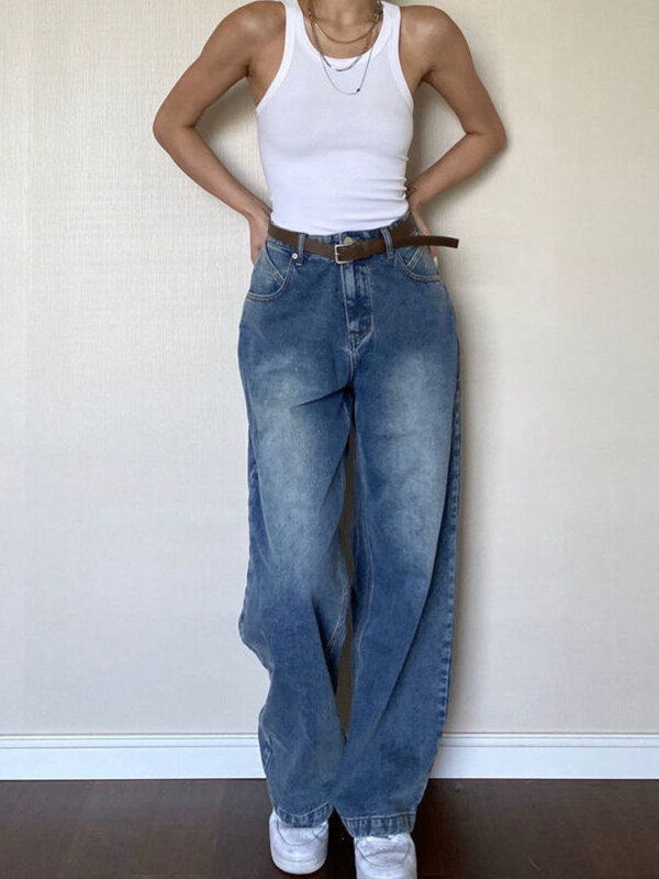 ADAgirl-Calça jeans azul desleixada de cintura alta feminina, calça folgada vintage, streetwear casual de hip hop, calça desleixada anos 90