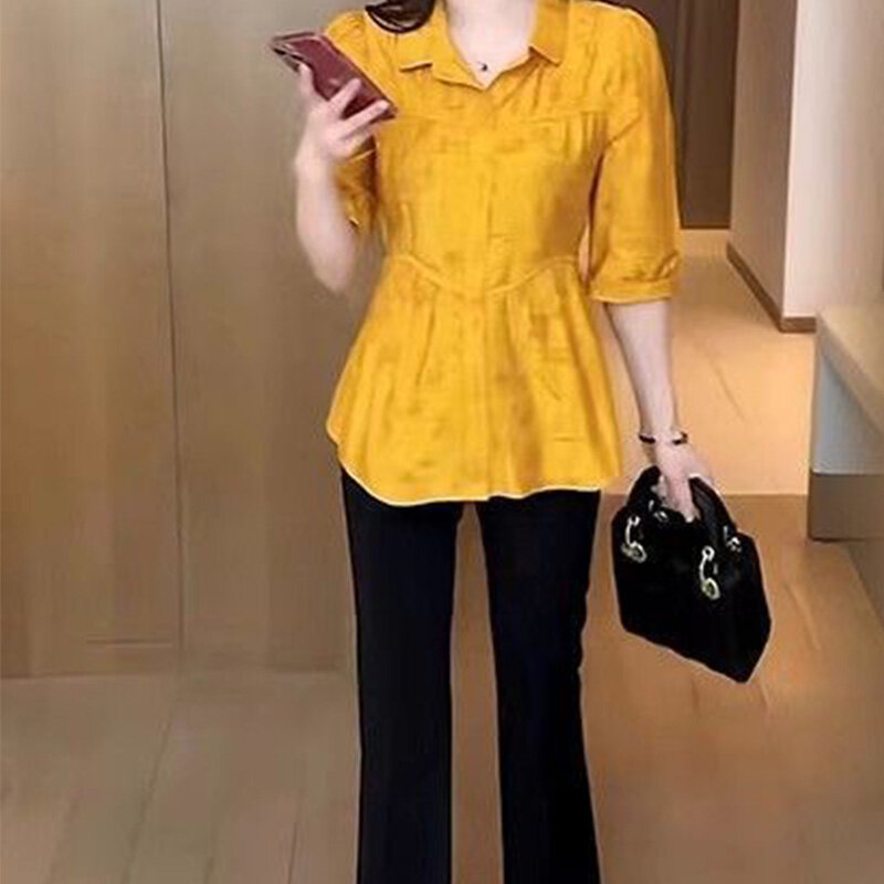 2024 New Summer Office Lady Loose Casual High Waist Women's Shirt Solid Color Print Simplicity Lapels Short Sleeve Chic Y2K Tops