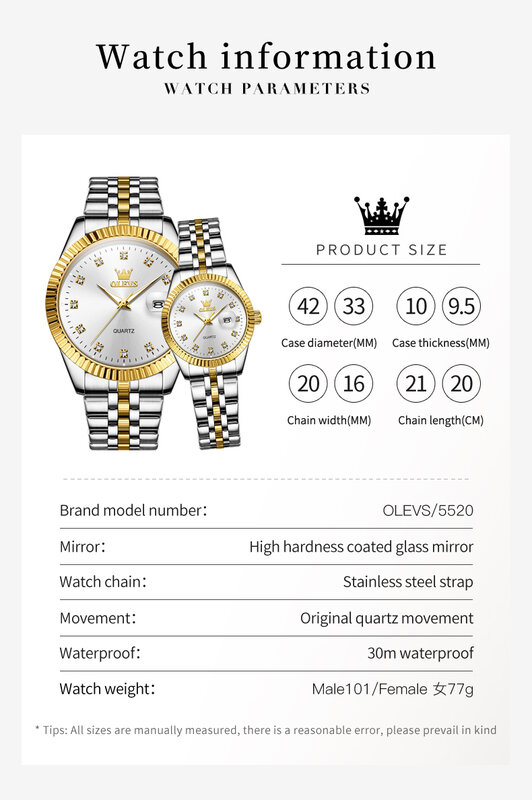 OLEVS 5526นาฬิกาควอตซ์คู่แบรนด์หรูนาฬิกากันน้ำธุรกิจคลาสสิกเดทสัปดาห์เพชรนาฬิกาเขาหรือเธอเซ็ตนาฬิกา