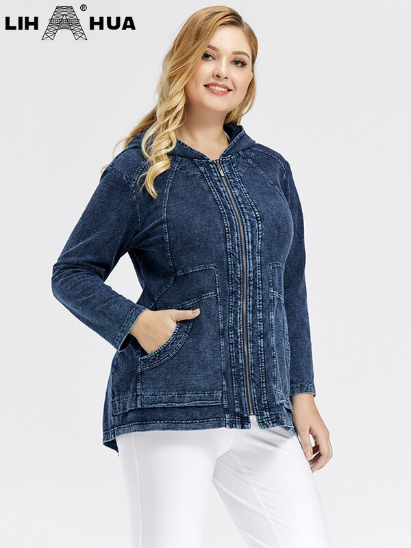 LIH HUA Damen Plus Size Jeansjacke mit Kapuze Herbst Strick Stretch Baumwolle Reißverschluss Langarm Lässige Modejacke