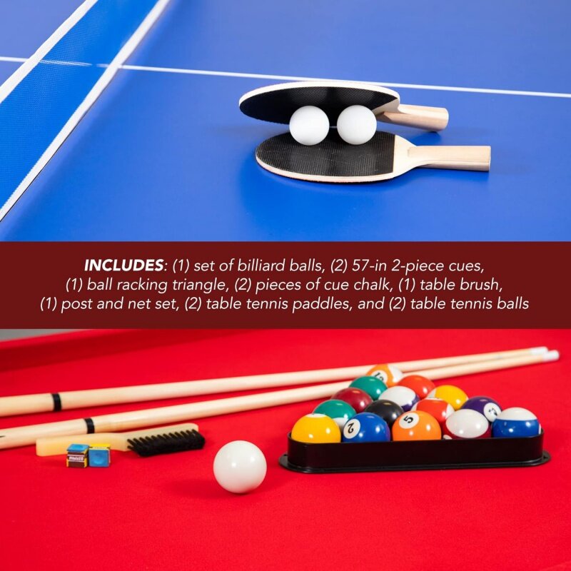 Hathaway Maverick 7-Foot Pool En Tafeltennis Multi-Game Met Rood Vilten Blauw Oppervlak. Omvat Aanwijzingen, Peddels En