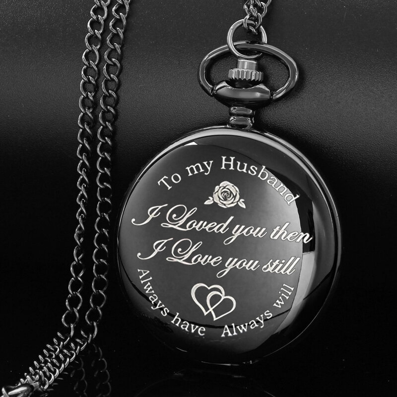 Наручные часы с резьбой на английском алфавите для моего мужа, карманные часы с ремешком и цепочкой, черные кварцевые часы, подарки на день рождения для мужа