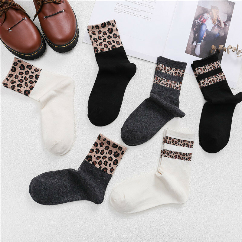 Новые носки с леопардовым рисунком, цветные хлопковые нескользящие поглощающие пот носки средней длины с животным рисунком, женские носки
