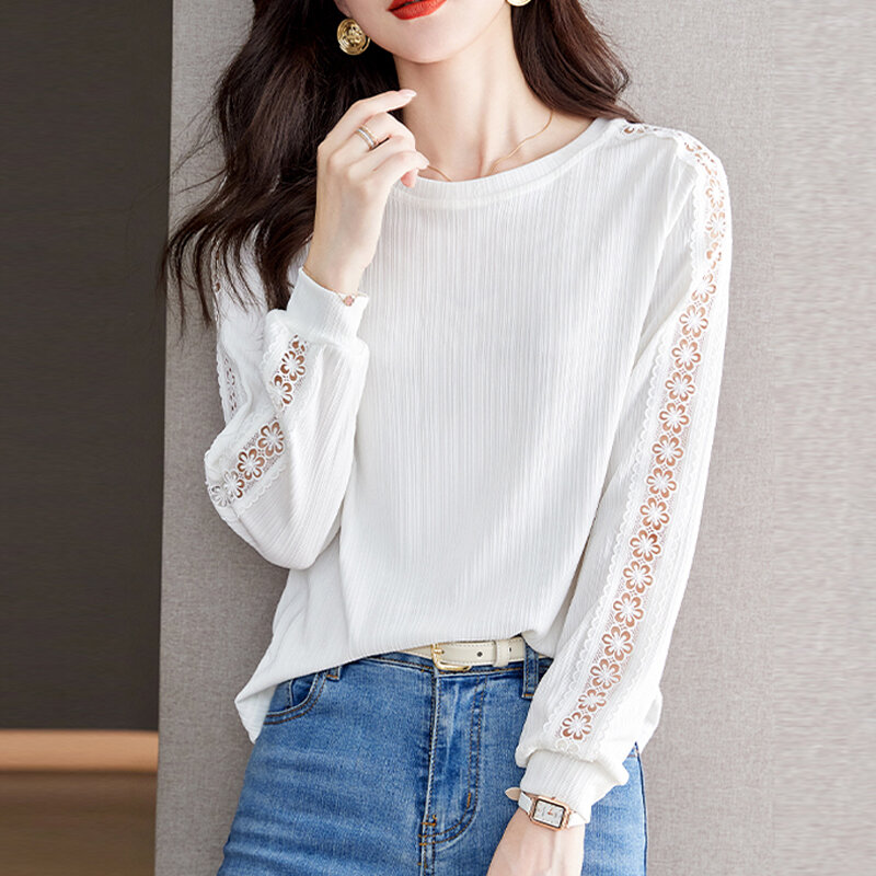 2023 Fashion White Lace Simple Shirt Women Autumn Elegant O Neck Long Sleeve Top Hollow Office Lady Blouse Clothing Blusas 29320
