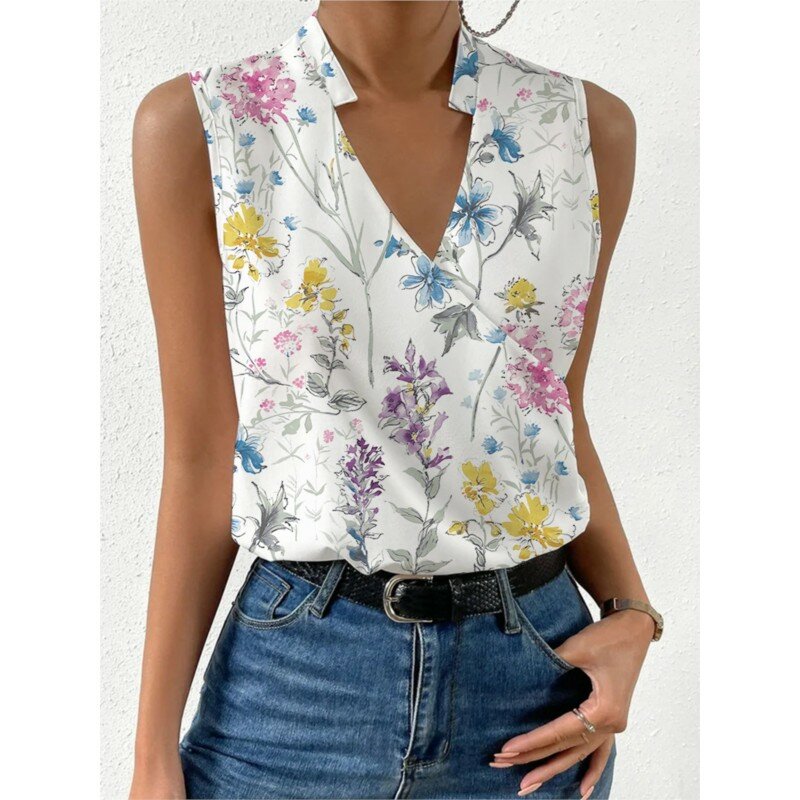 Women's Summer New Floral Printed V-Neck Sleeveless Y2k Tops Shirt Casual Office Lady Pullover Slim Blouse Femme Blusas 3XL