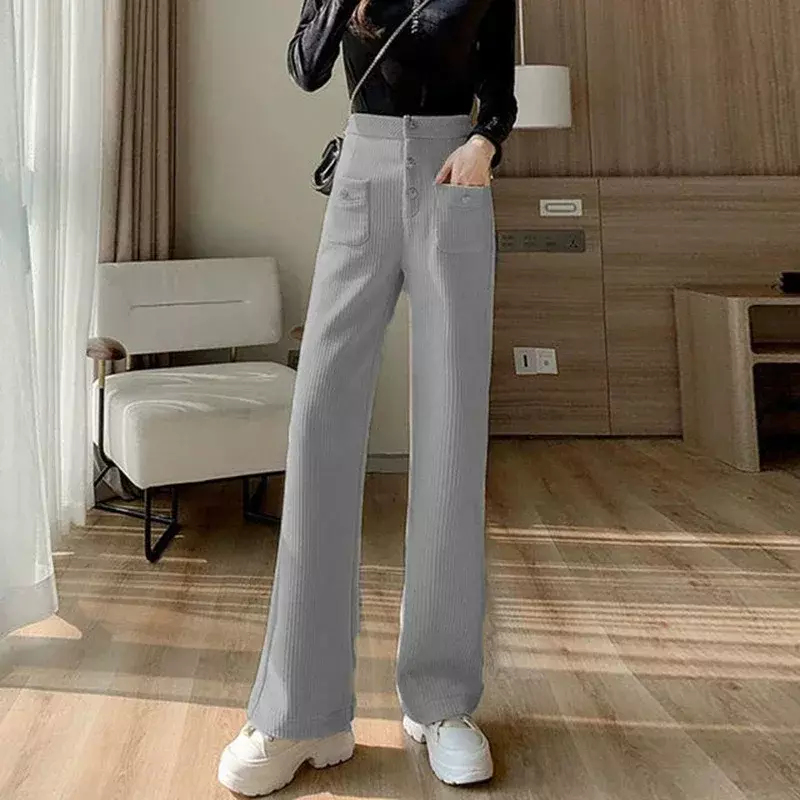 Calças retas de veludo duplo bolso feminino, com botão casual e perna larga quente, moda versátil