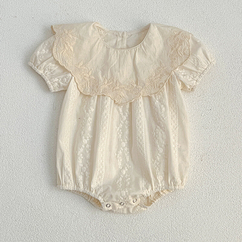 Fato de bodysuit bordado floral bebê, criança, meninas, algodão sólido, lapela grande, casual, manga curta, novo, verão