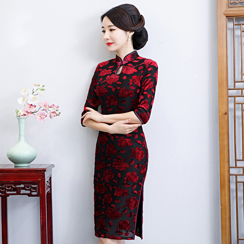 Gadis Qipao Gaun Panjang Cina Modern Eleganti Cheongsams Tradisional Wanita Baru