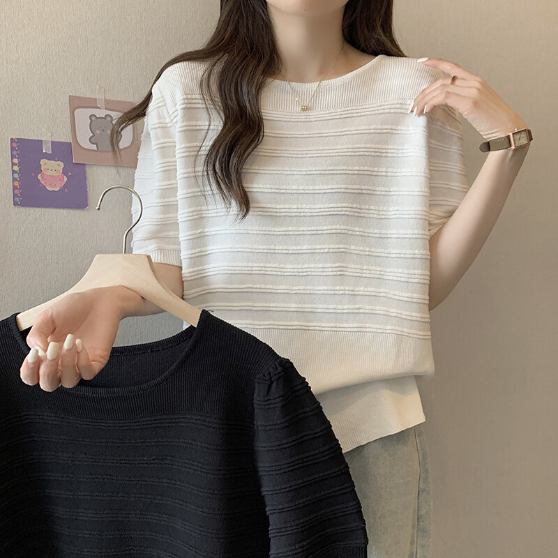 XL-4XL Large Size Knitted Tops For Women Summer New Short Sleeve Loose Oversize Tops Ice Silk Solid Color Striped Tshirt Female