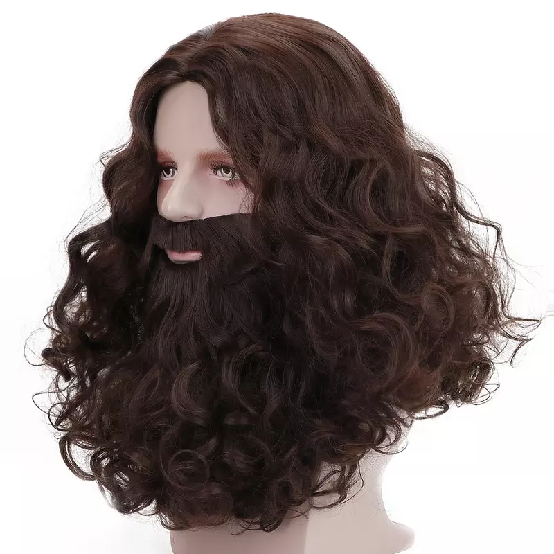 AICKER Cosplay Costume Party Halloween Christmas Man Wigs Accessory  Brown Jesus Wig and Beard Set-Adult Curly  Heat Resist