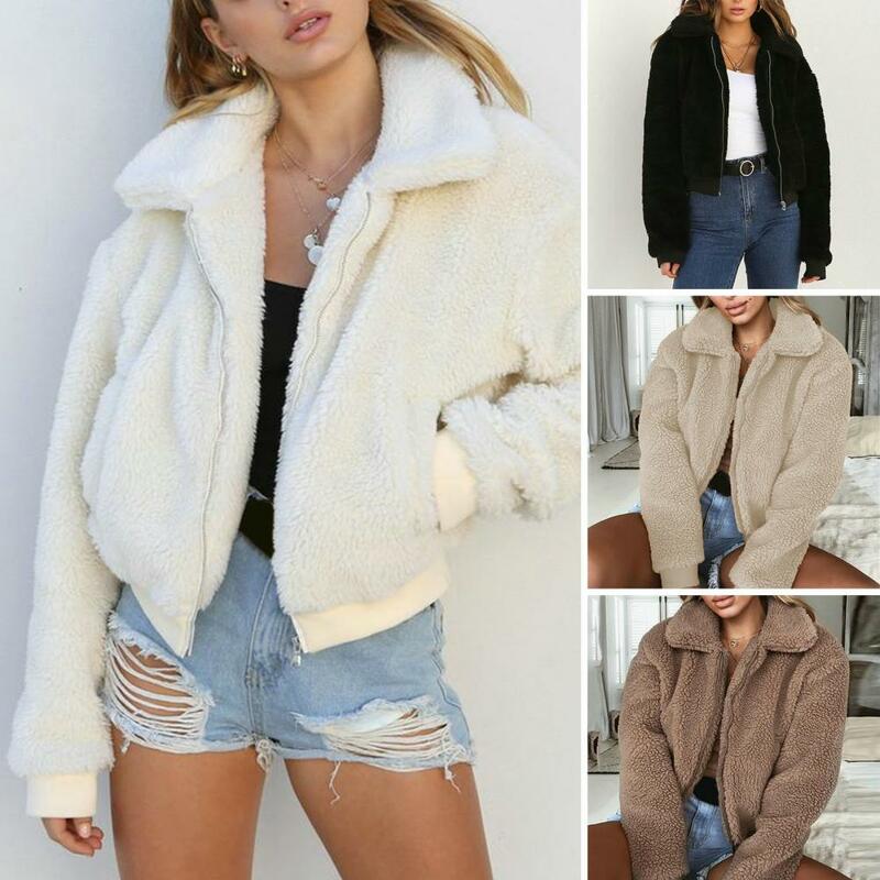 Abrigo de felpa para mujer, chaqueta cálida y elegante de Color liso, con bolsillos de solapa, puños elásticos suaves, para invierno