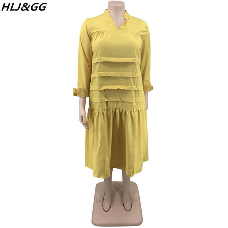 HLJ & GG Pakaian Wanita Ukuran Plus XL-5XL Gaun A-line Lengan Panjang Leher V Kasual Gaun Midi Desain Ruched Warna Solid Musim Gugur Vestidos