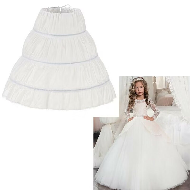 White Child Petticoat A-Line 3 Hoops One Layer Kids Crinoline Lace Trim Flower Girl Dress Underskirt Elastic Waist for Children