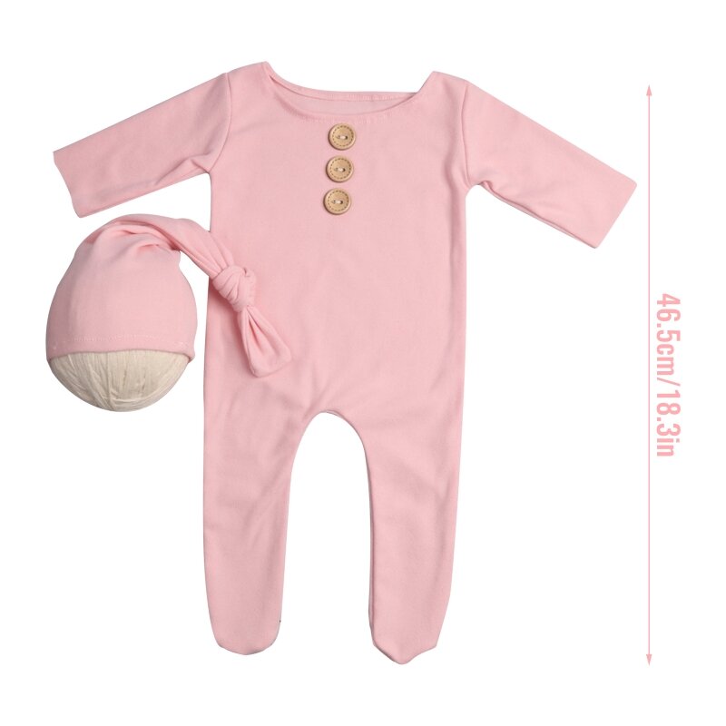 2 ピース/セット新生児ロングロンパースジャンプスーツ結び目帽子ボタン付きソリッドカラー幼児カバーオール写真小道具衣装
