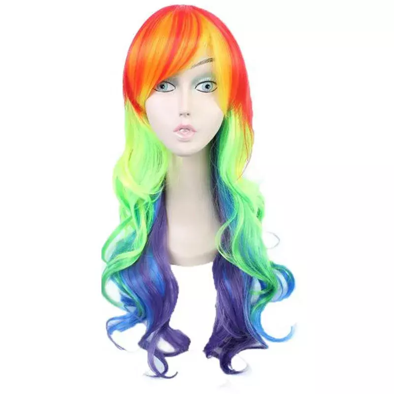 Longo Curly Ondulado Rainbow Dash, Cabelo Sintético, Peruca Cosplay, Boné, 65cm